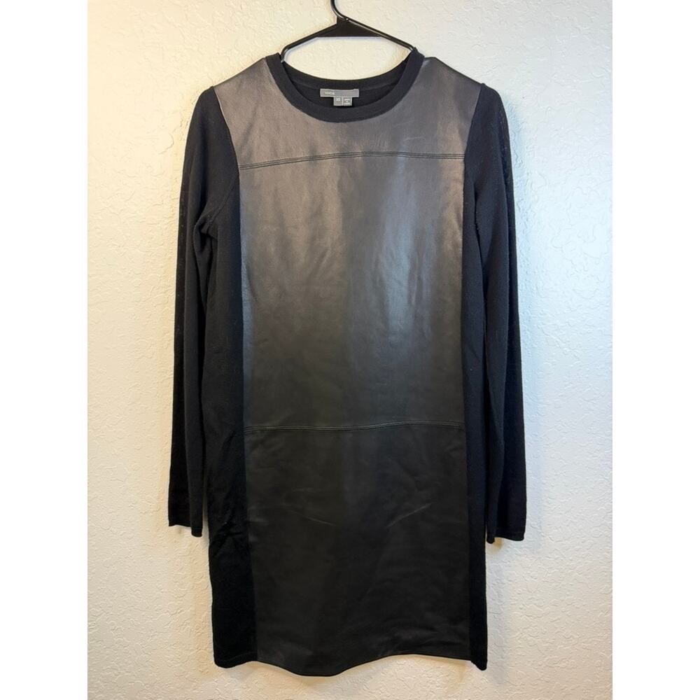 Vince Black Wool Sweater Dress Lamb Leather Front Panel Long Sleeve Size XS